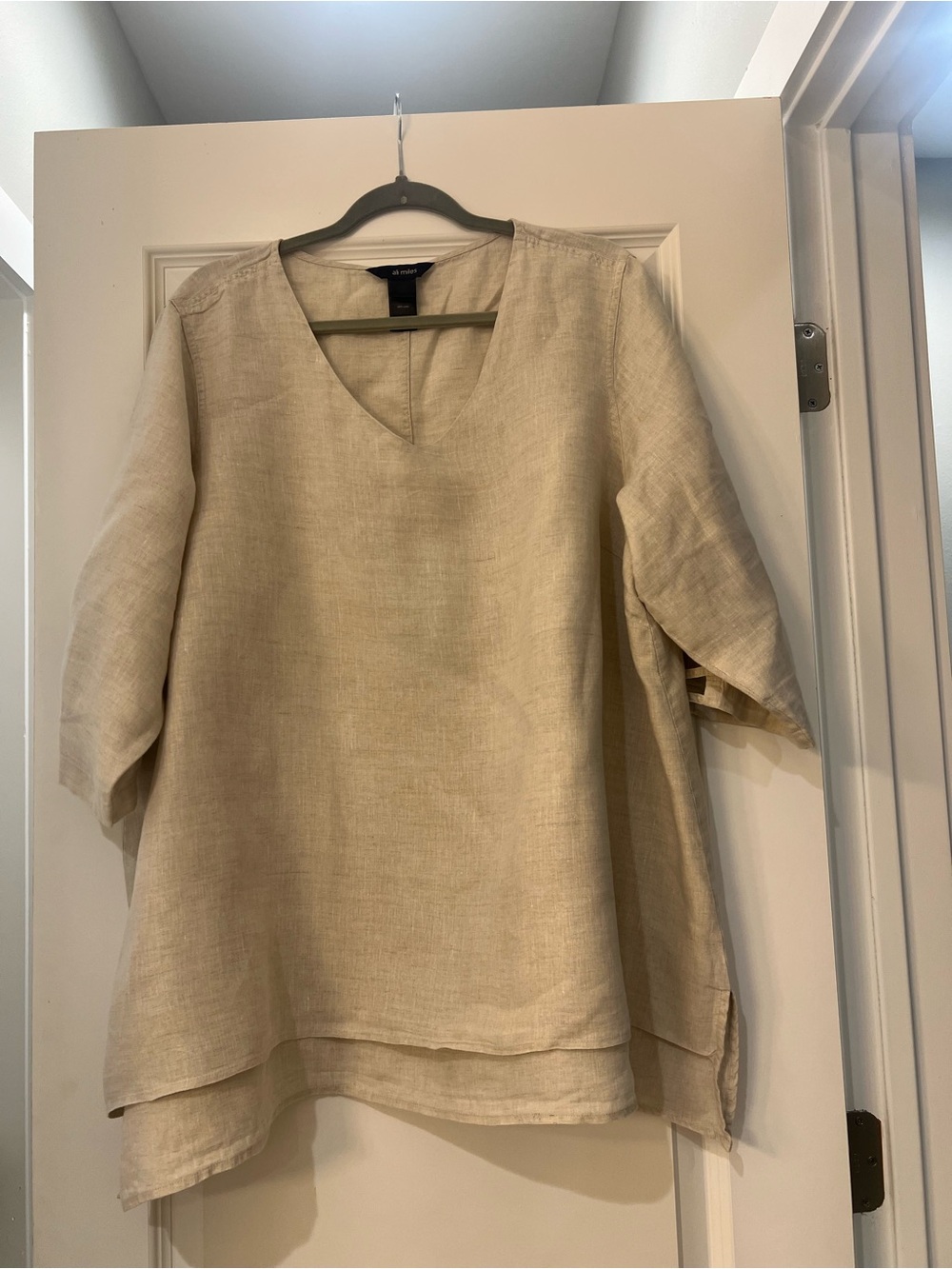 Ali Miles 100% Linen Beige V-Neck Asymmetrical Tunic Top 3/4 Sleeve Women’s
